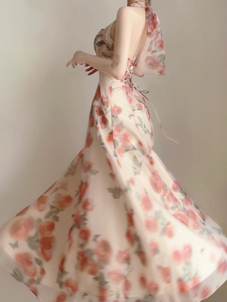 Birthday dress luxury seaside vacation halter neck suspender floral dress summer new style S5841