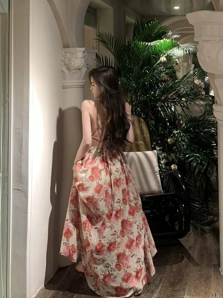 Beach vacation backless halter neck floral suspender dress sexy long dress S5805