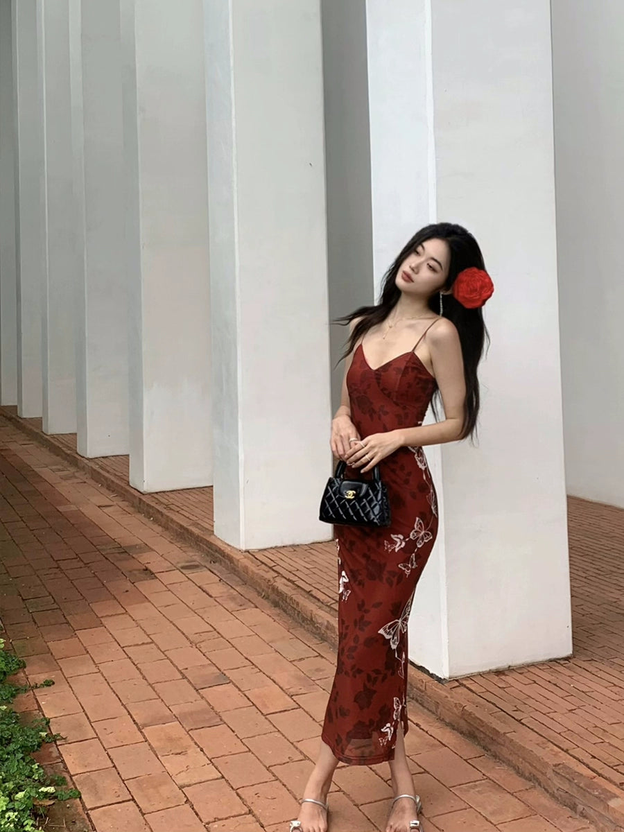 Retro red butterfly print V-neck dress for women summer long party dress S5730