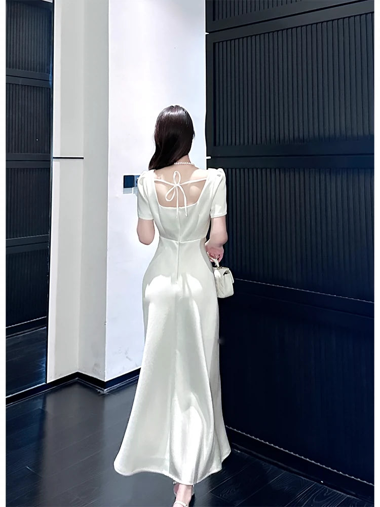 White short-sleeved dress elegant engagement dress satin long dress S5953