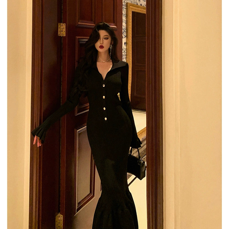 Black knitted mermaid dress for women long party dress S5710
