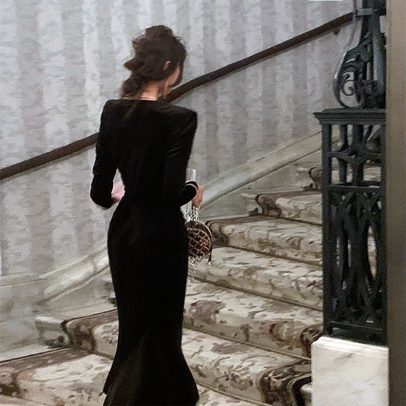Black dress luxury dress mermaid velvet dress S5843