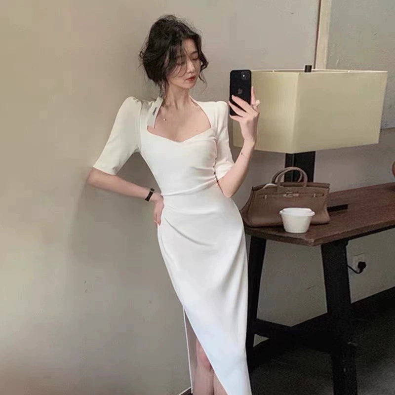 Square neck white dress for women S5802