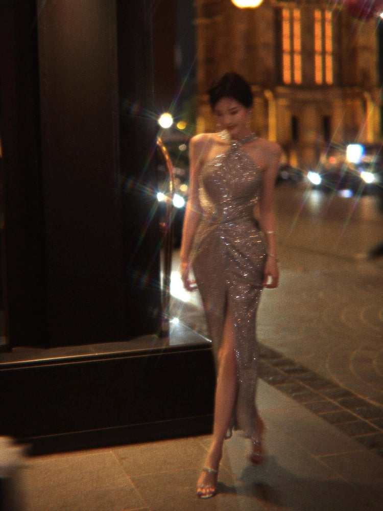 Evening dress sequins sexy halter neck suspender dress S5826