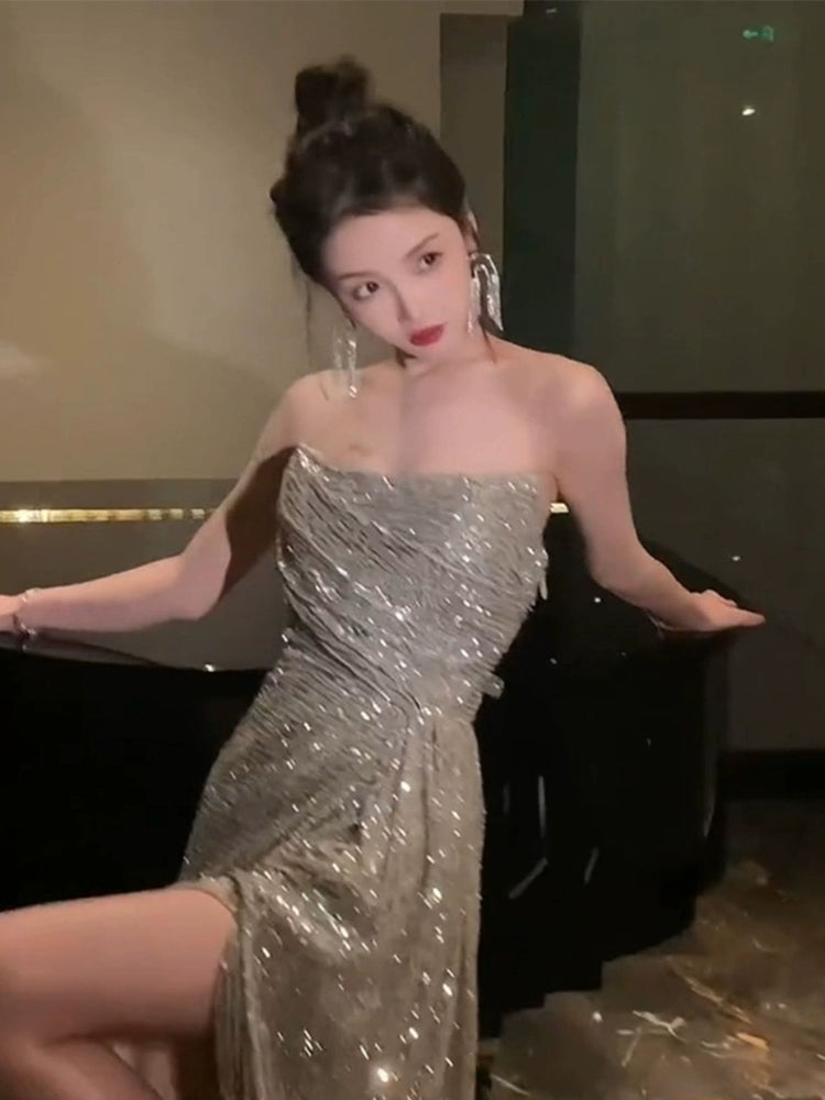 Engagement dress luxury banquet sequin strapless dress S5827