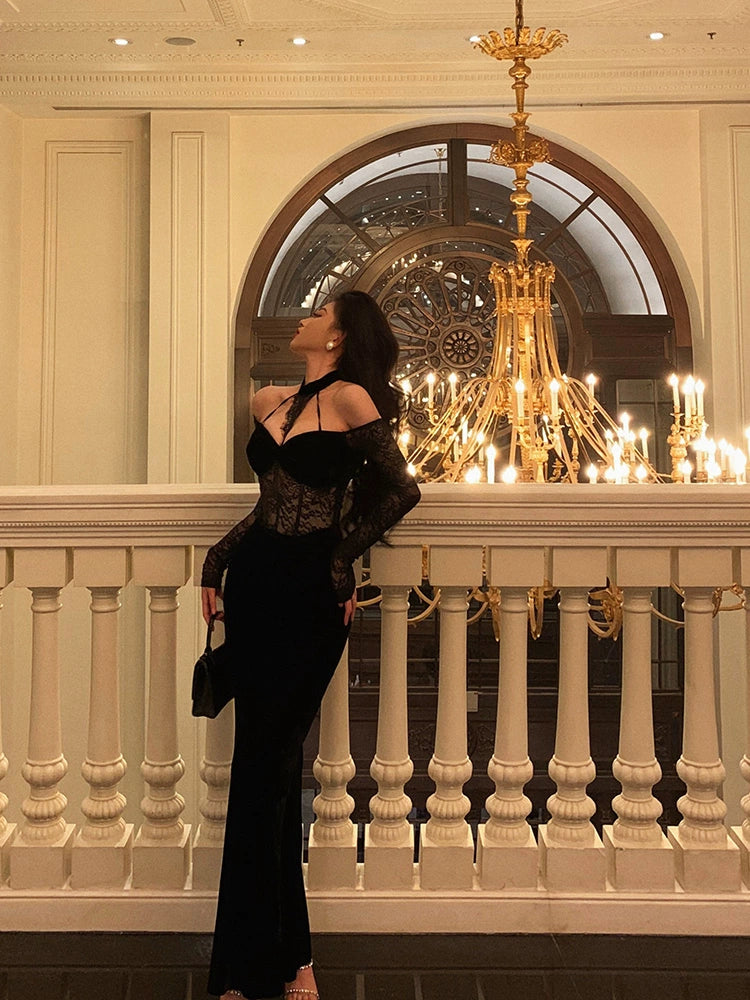 Black halter neck dress new sexy lace splicing velvet long dress S5652