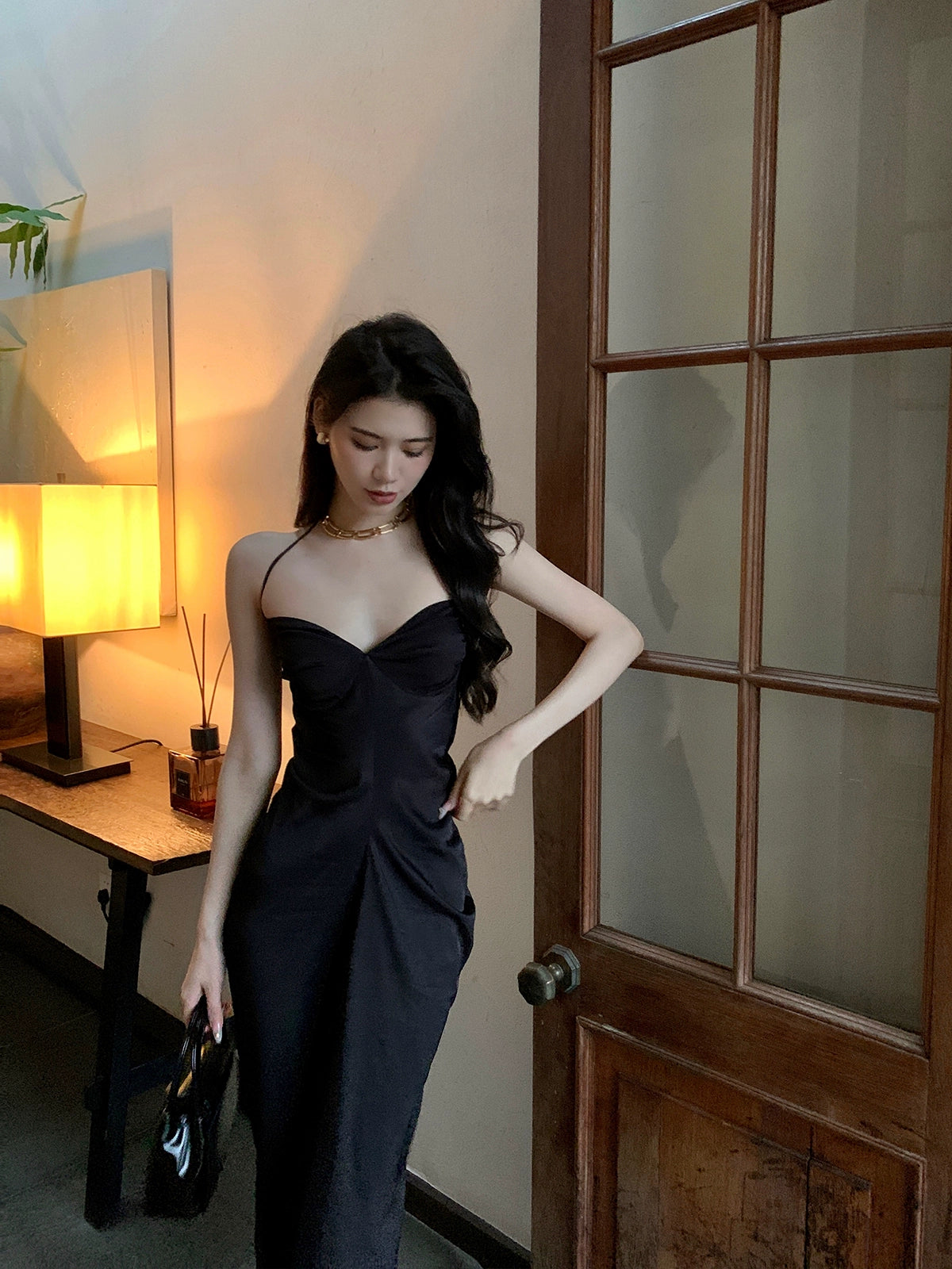 Black French design dress women's sexy long party dress S5719