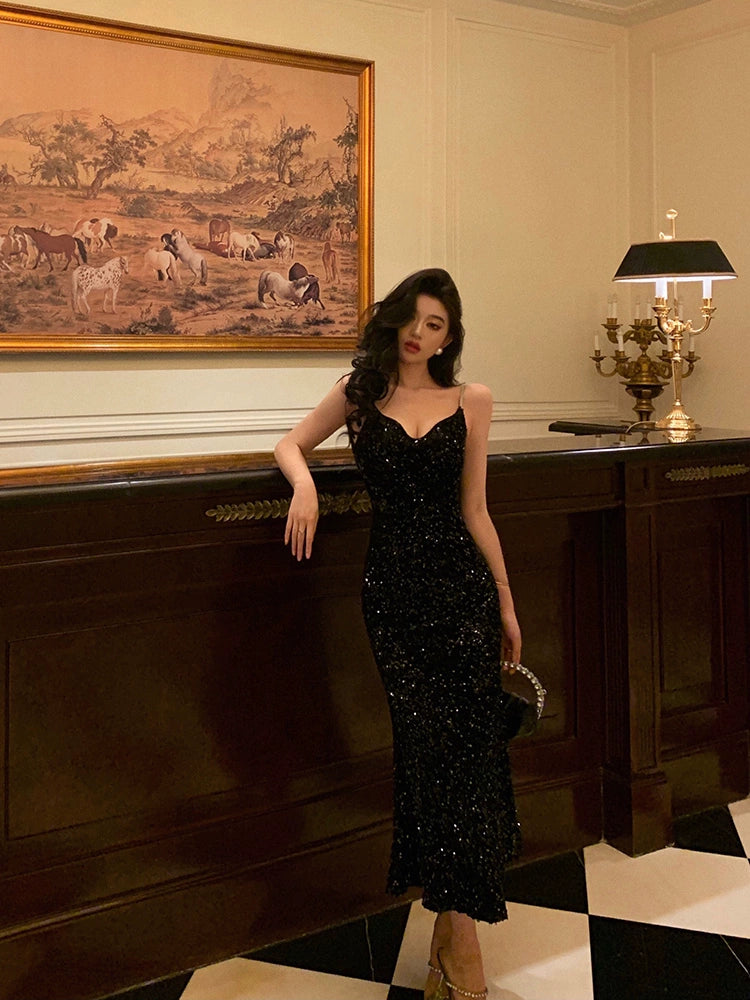 Black sequined suspender dress winter new velvet mermaid dress party dress S5597