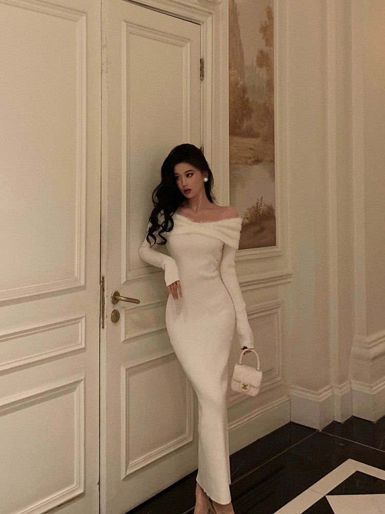 Off-shoulder knitted dress for women winter new party dress S5638