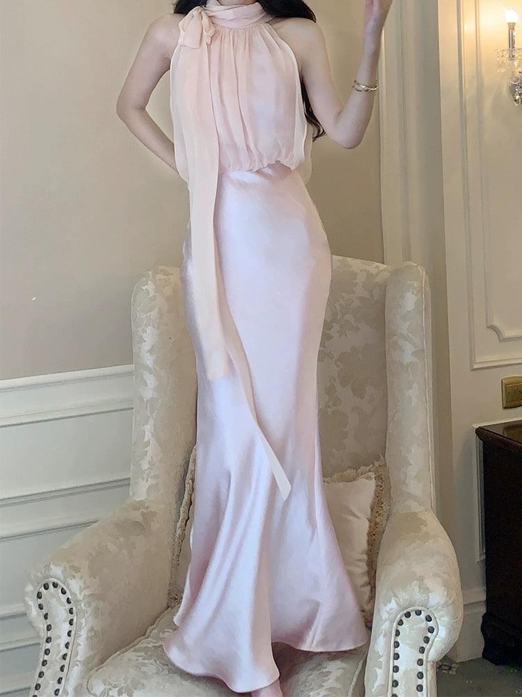 Silk satin mermaid halter neck dress long evening gown S5982
