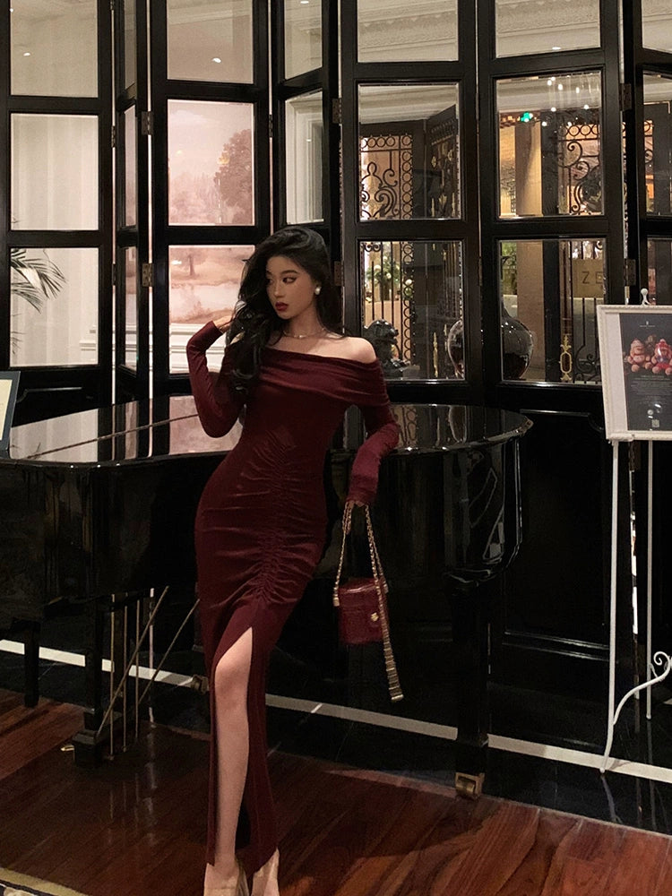Red off-shoulder dress for women new retro style slit long mermaid dress S5651