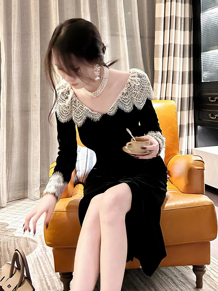 Black lace retro velvet long-sleeved dress banquet evening dress S6163