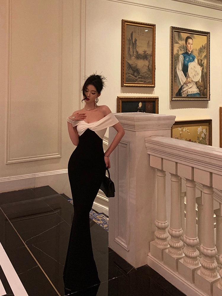 Black and white off-shoulder dress for women new banquet long party dress S5661