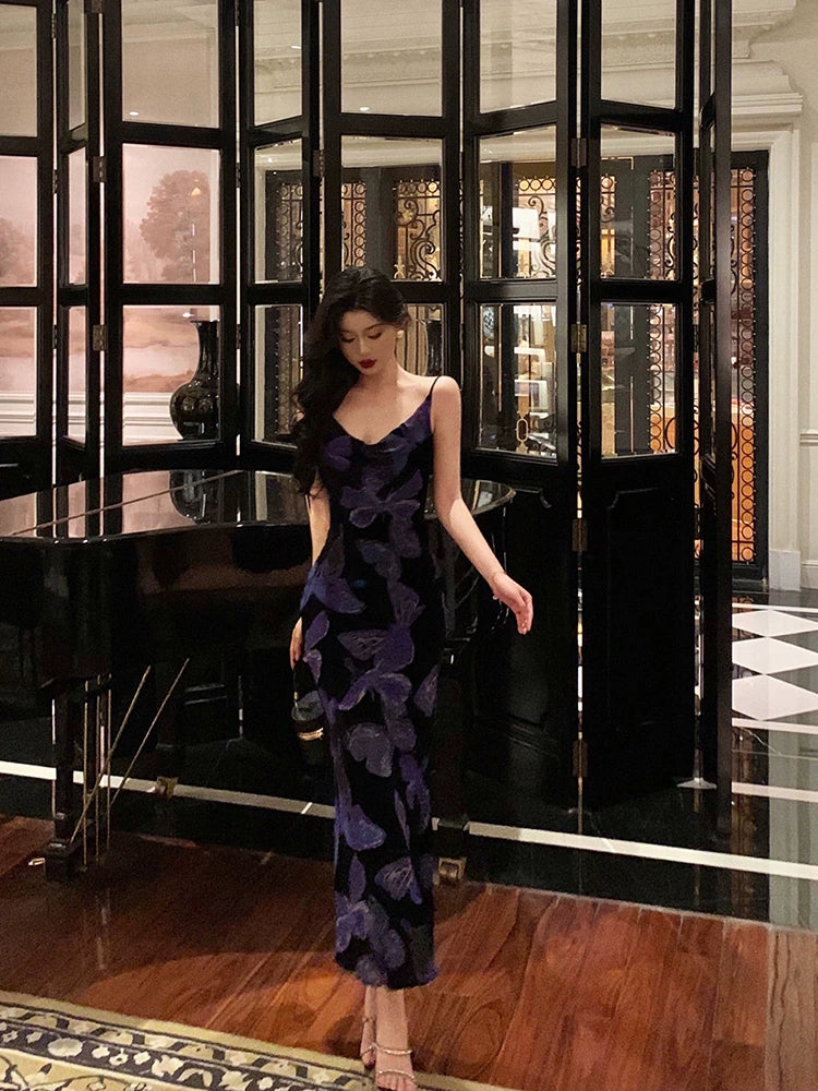 Velvet suspender dress summer new butterfly mermaid party dress S5609