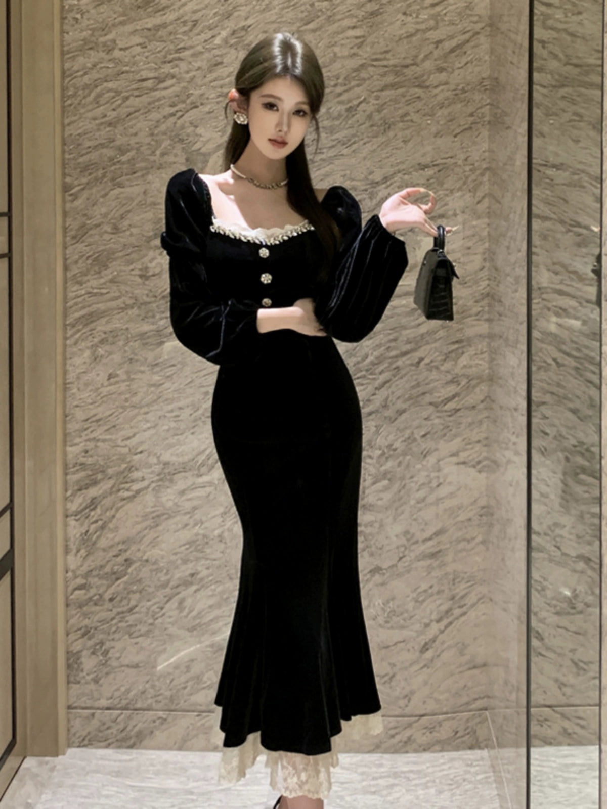Black velvet dress for women winter birthday dress party dress S5877