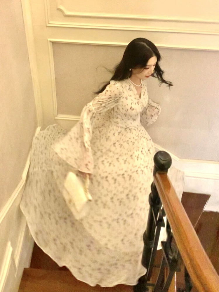 New V-neck long-sleeved chiffon floral dress S6156