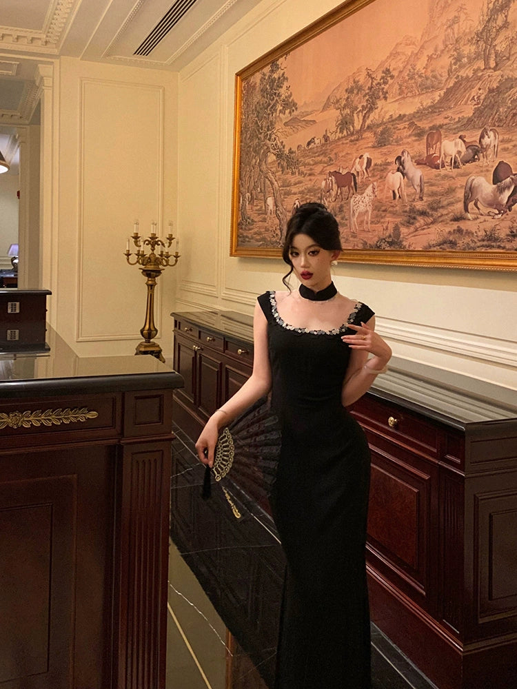 Elegant black cheongsam dress for women new style party dress S5706