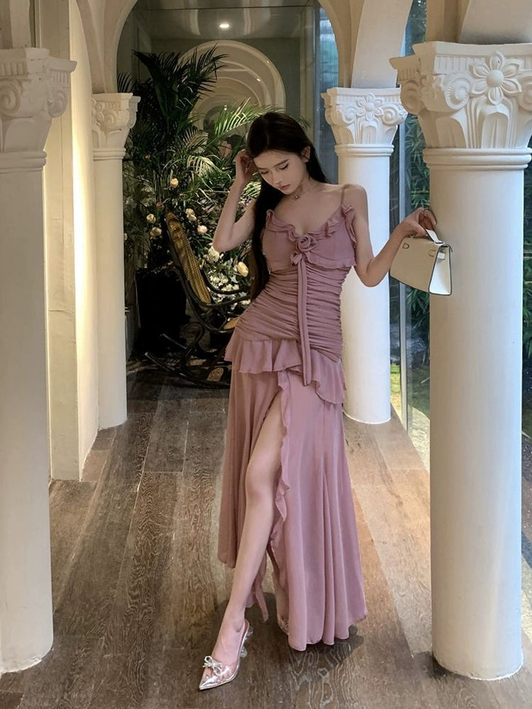 pink v-neck sexy suspender dress for women summer new slit long party dress S5810