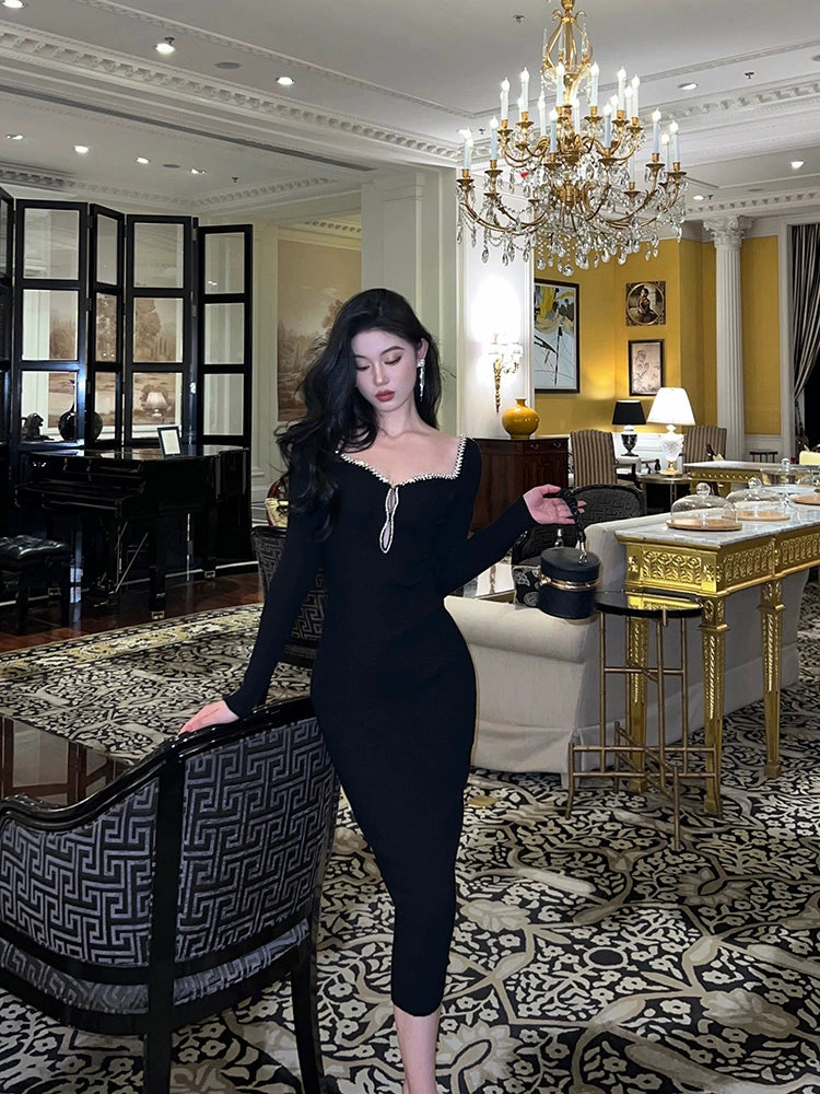 Black dress new banquet square neck party dress S5674