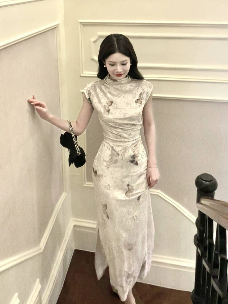 cheongsam new velvet new style printed dress evening gown S5981