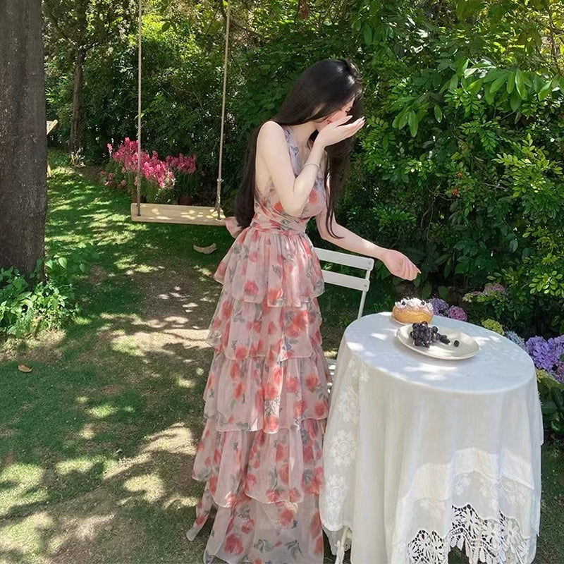 Fairy suspender long backless halter neck floral dress S5790