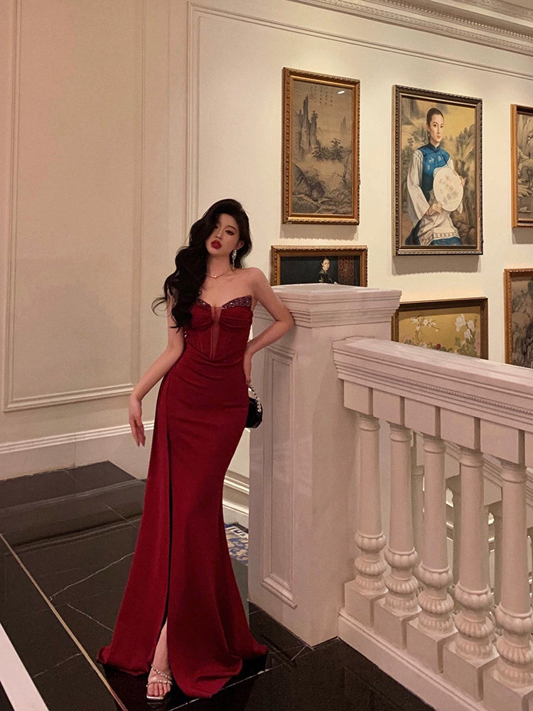 Red strapless dress new banquet sexy slit party long dress S5642