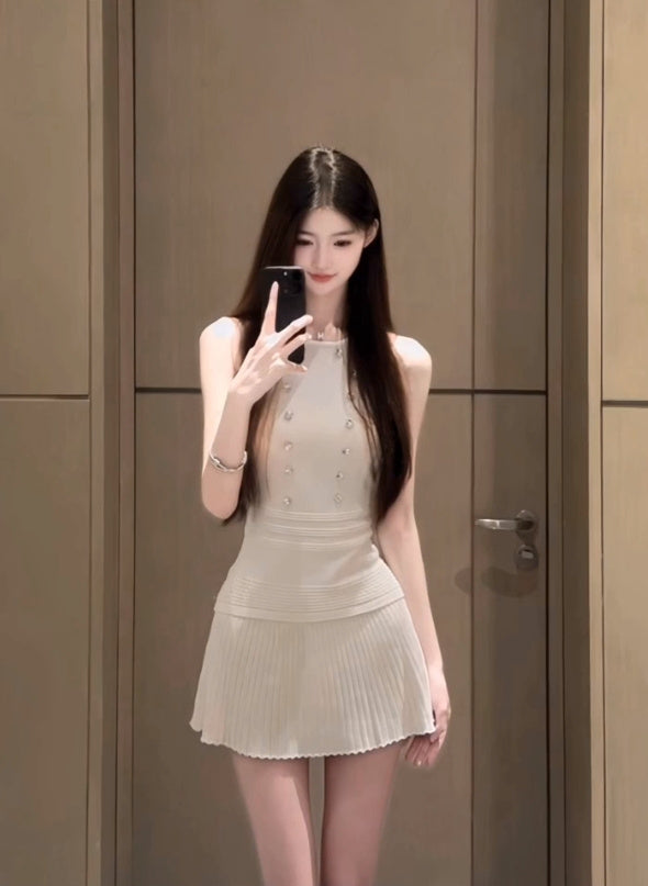 Suit outfit gentle temperament white vest pleated skirt two-piece suit R0662