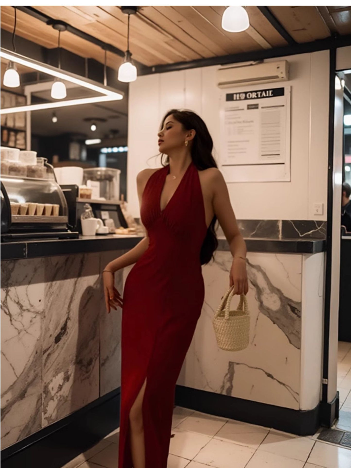 Burgundy sexy halter neck dress French temperament hip-wrapped evening dress long skirt R1458