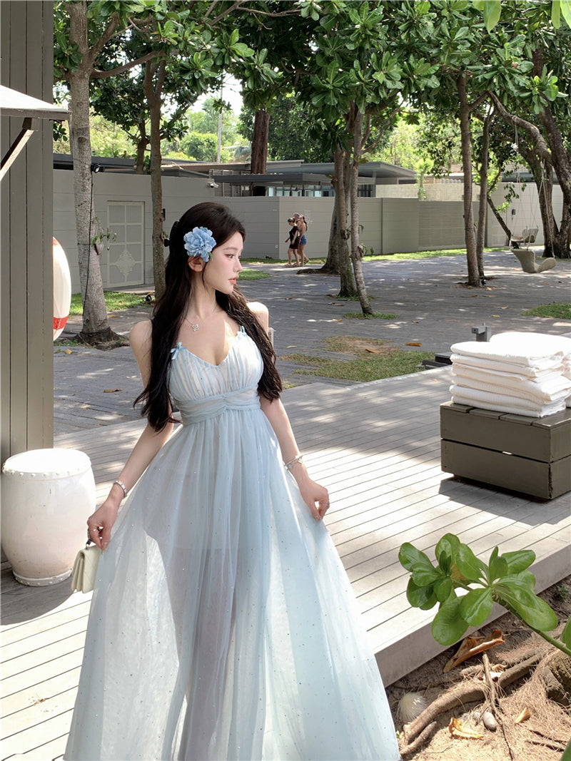 Blue V-neck suspender dress beautiful gentle temperament small skirt R0669