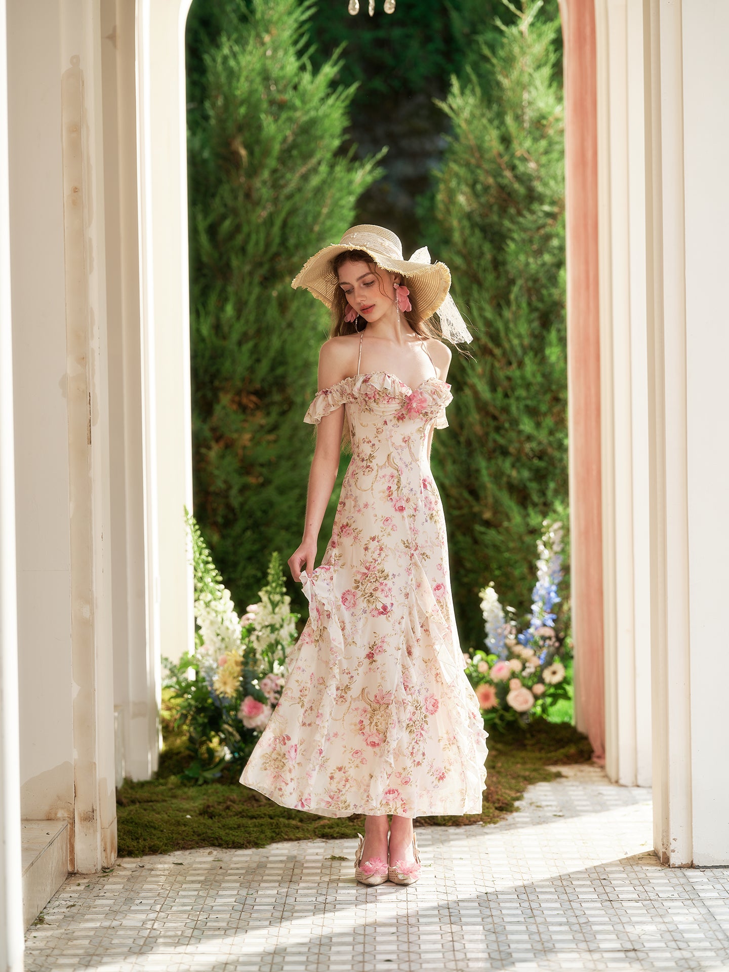 French romantic vacation long dress floral seaside halter dress summer R5108