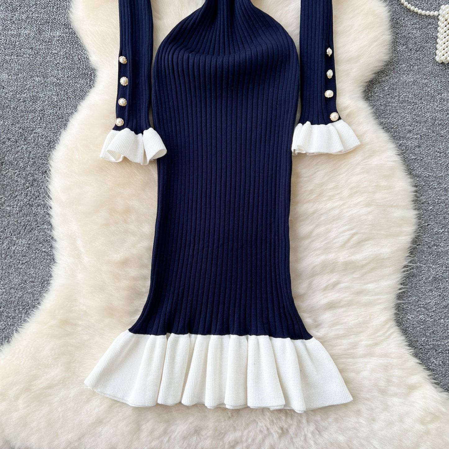 French retro contrast color doll collar waist knitted dress elastic slim fit skinny ruffled long skirt R2344