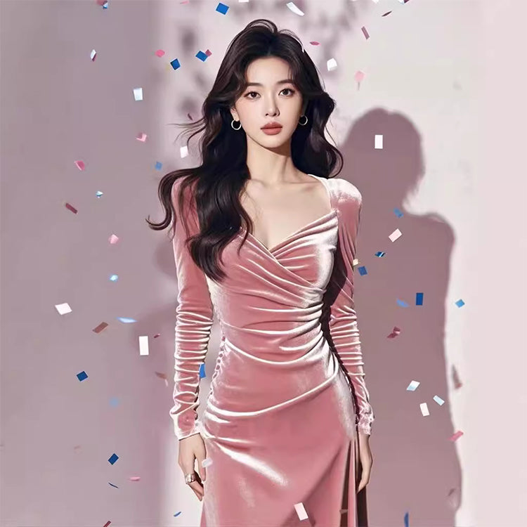 Birthday dress high-end dress niche temperament lady pink long-sleeved dress R1797