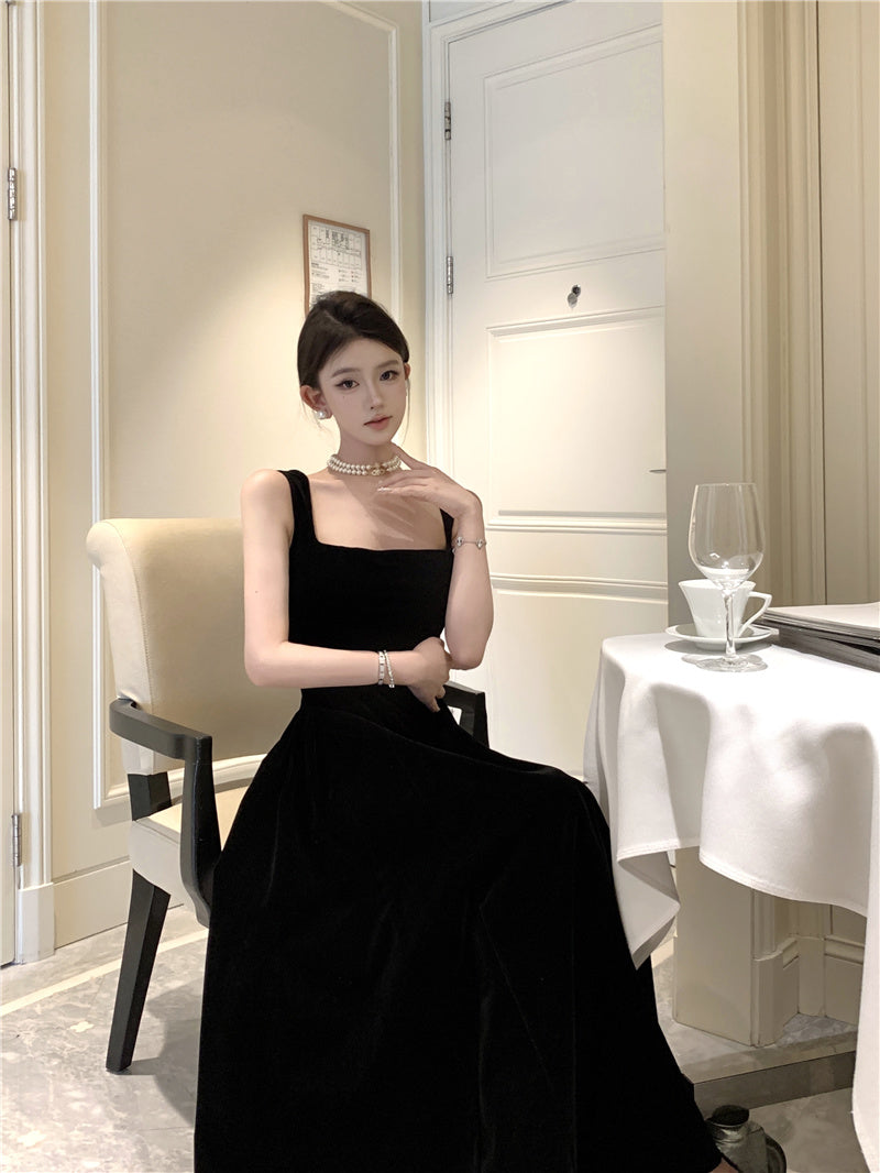 Square neck suspender dress temperament slim Hepburn style evening party black long dress R1484