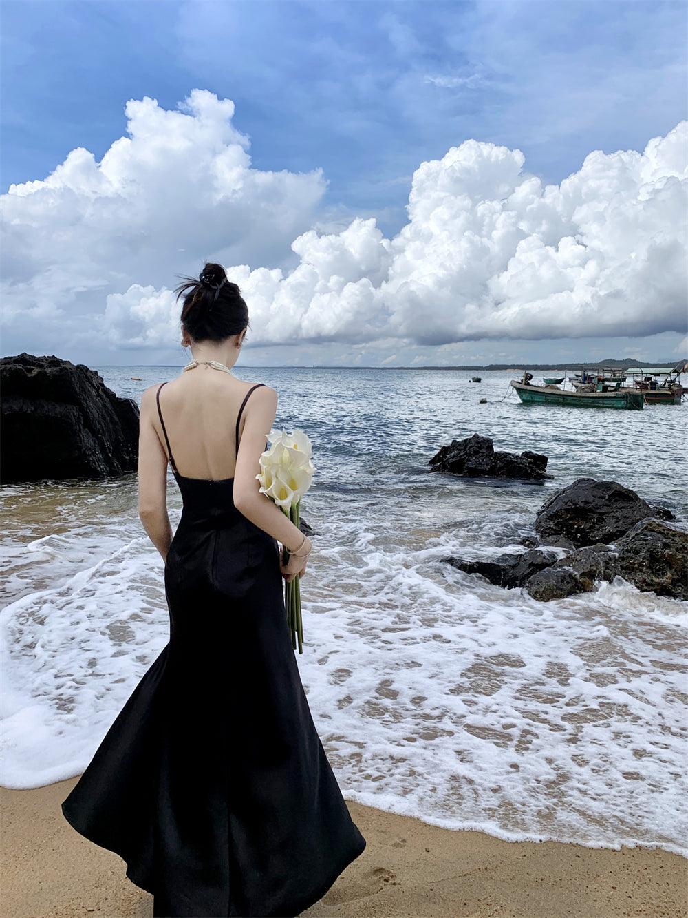 Black suspender dress slim sexy temperament slit silk satin holiday wear skirt R1443