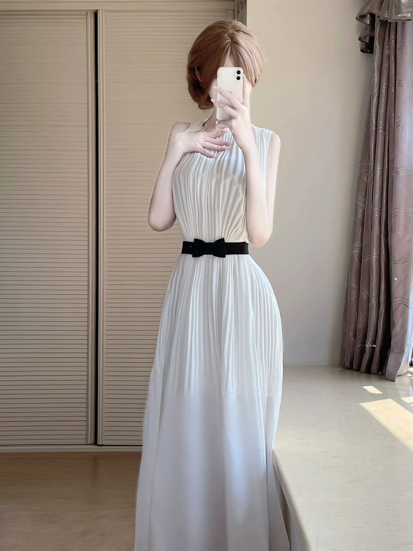 Gentle style white sleeveless chiffon dress temperament waist A-line long skirt R0743