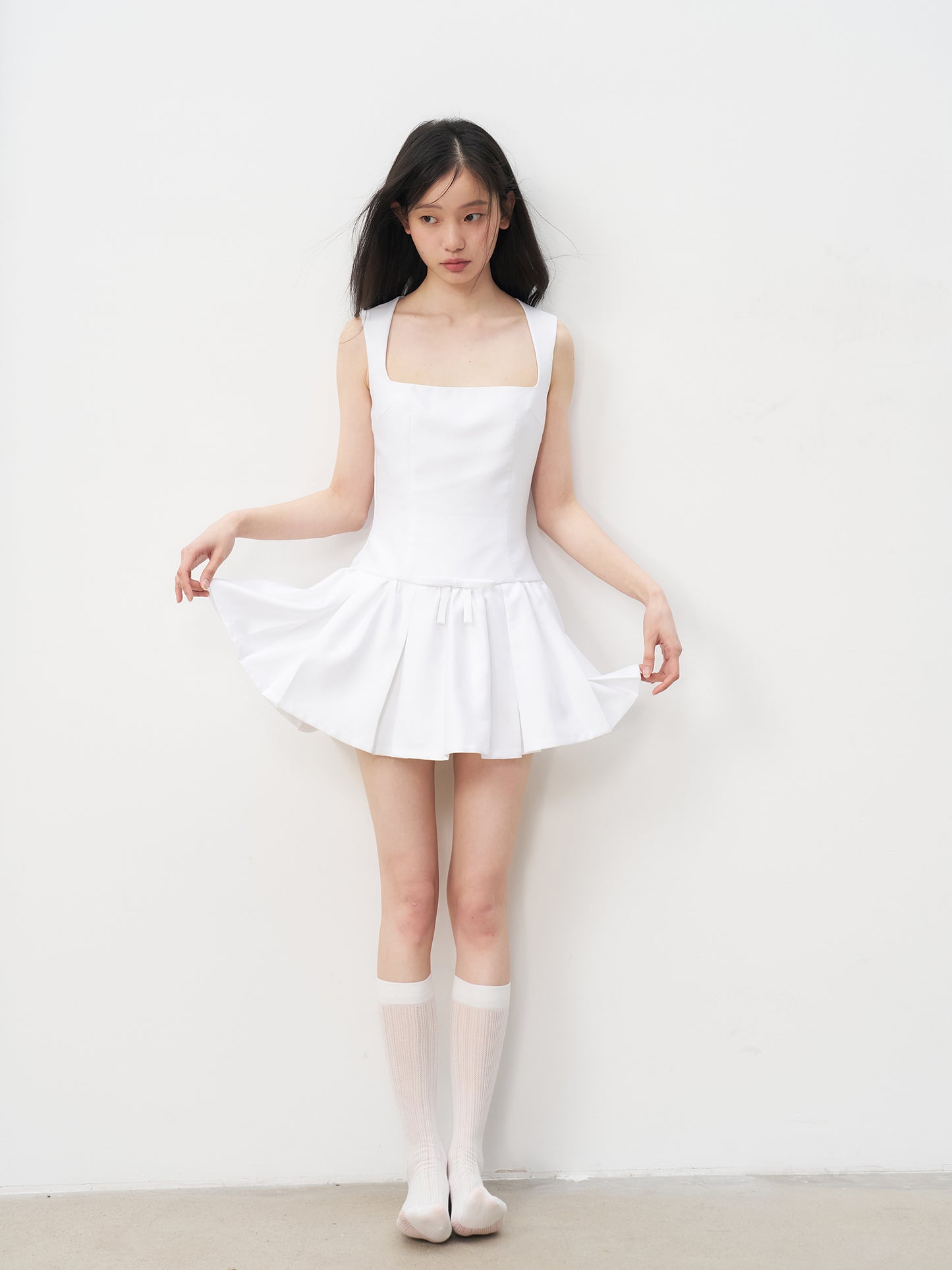 White satin retro princess dress bow waist A-line puffy skirt R5205