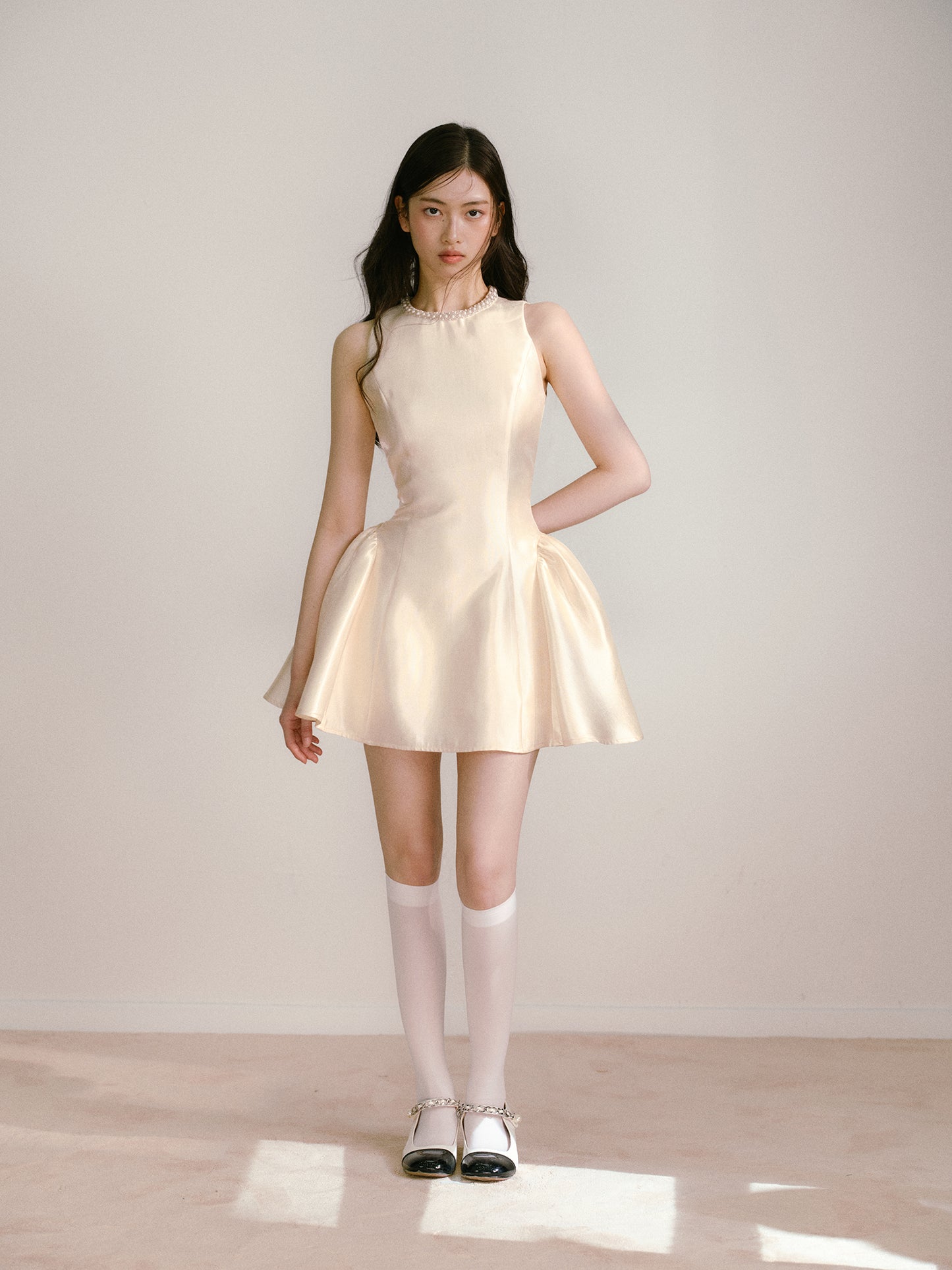 Beige glossy satin 3D handmade pearl princess skirt puffy dress R5133