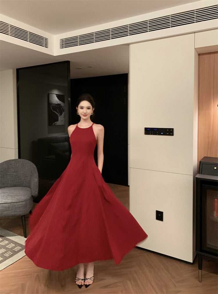 Burgundy halter neck dress French style suspender dress high-end dress R1454