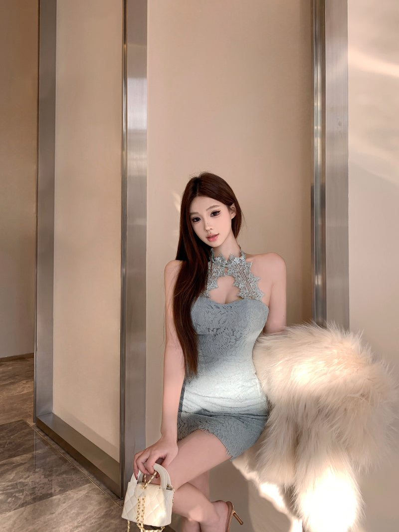 Sexy halter neck slim fit hip skirt hollow dress dress R0544