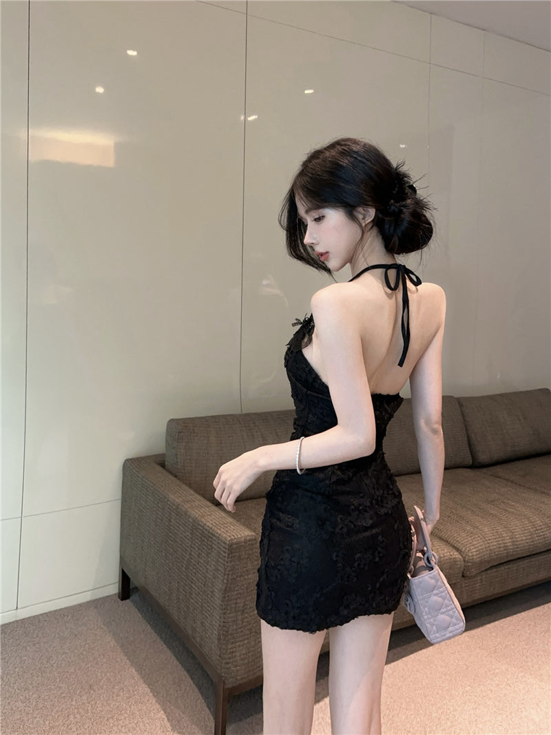 Pure lace halter neck three-dimensional flower sling dress beautiful summer hip skirt R3395