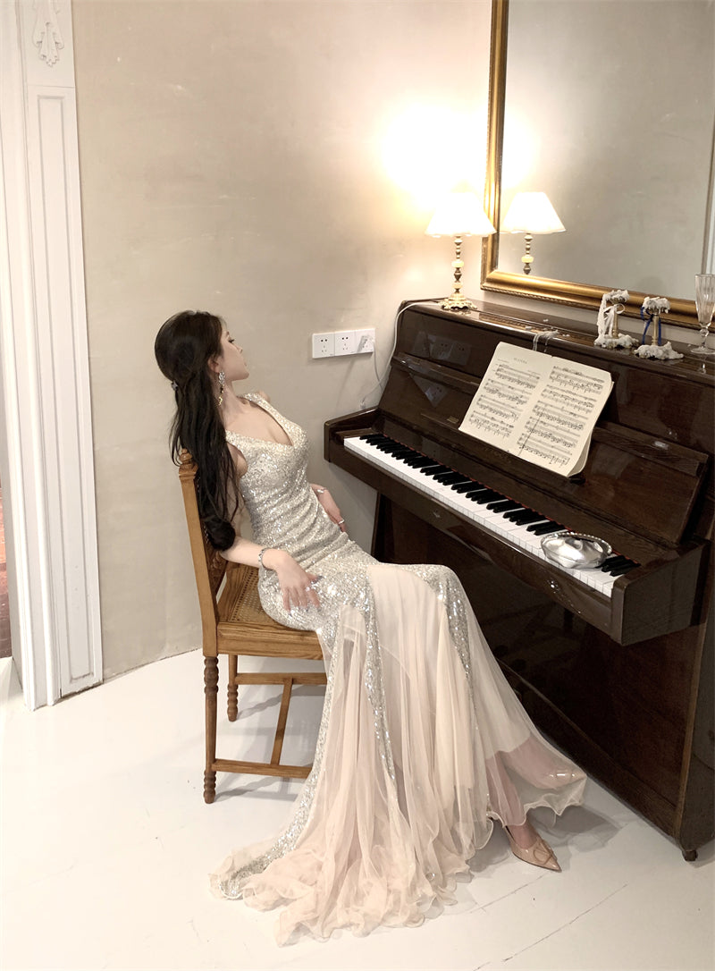 Sexy mermaid high-grade sequined sling dress mesh hip-wrapped evening mermaid dress R1469