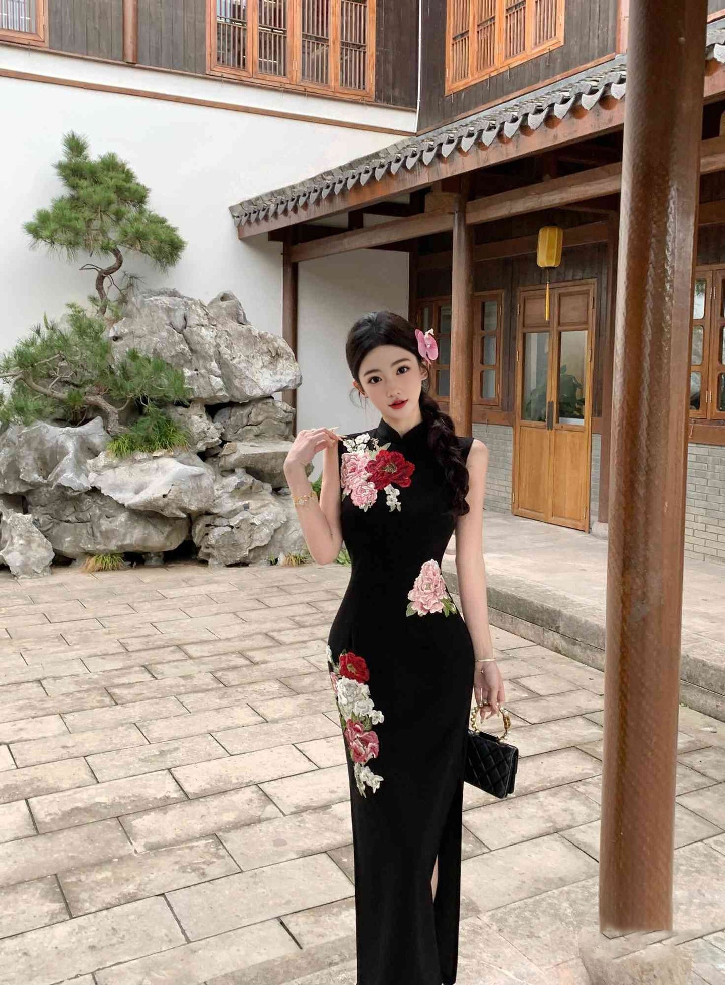 New Chinese retro stand collar dress with beautiful temperament and floral slim long skirt R0877