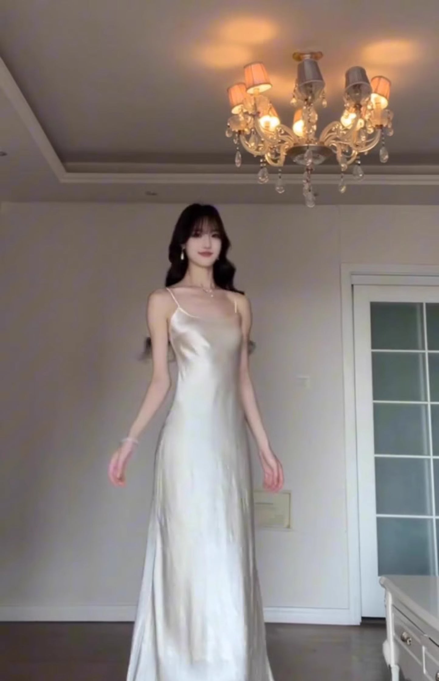 Satin suspender dress unique waist backless banquet dress R0512