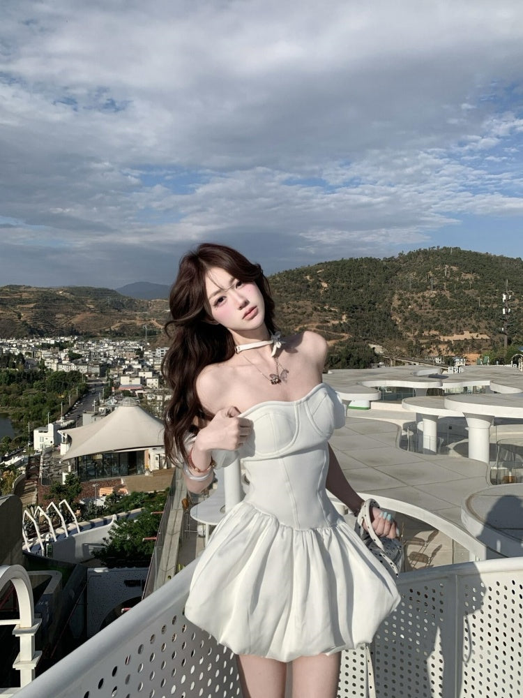 French white puff sleeve one-shoulder bandeau dress women's summer beautiful dress short skirt homecoming dress R3004