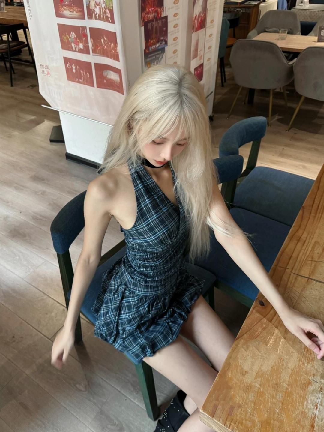 Navy plaid top suit summer American sweet hot girl halter neck vest short skirt suit homecoming dress R3009