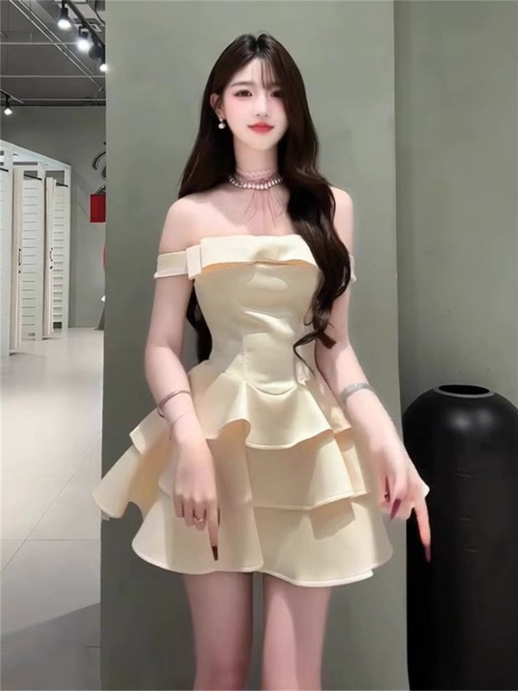 Princess Tutu Summer French Thousand Gold Bow One Shoulder Light Luxury Dress Homecoming Dress R3022