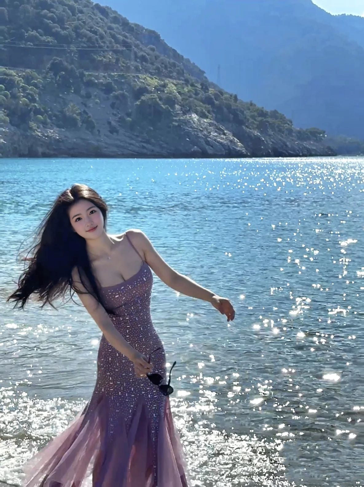 Purple hot diamond suspender dress niche figure waist temperament dress R0515