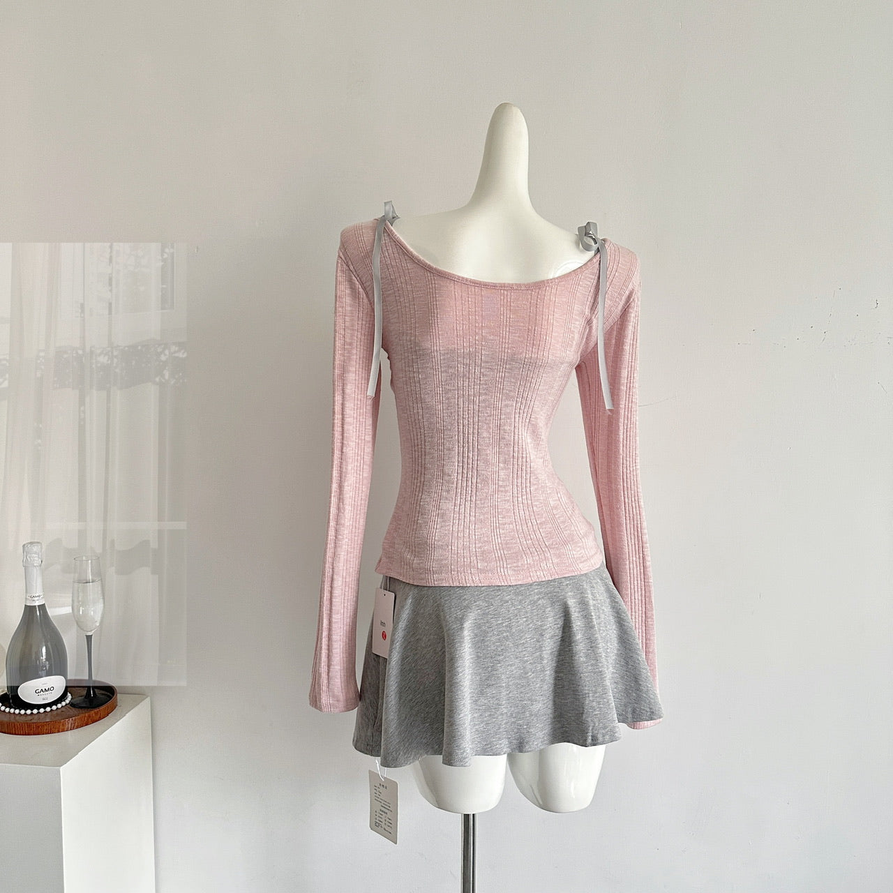 Lace Camisole Off-shoulder Cardigan T-shirt Set Pure Desire Long-sleeved Top R2028