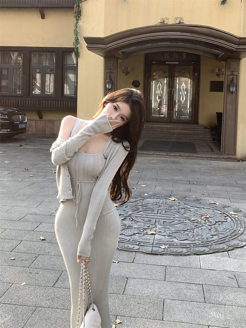 Sexy pink knitted suspender dress gentle temperament waist slim hip skirt R0502