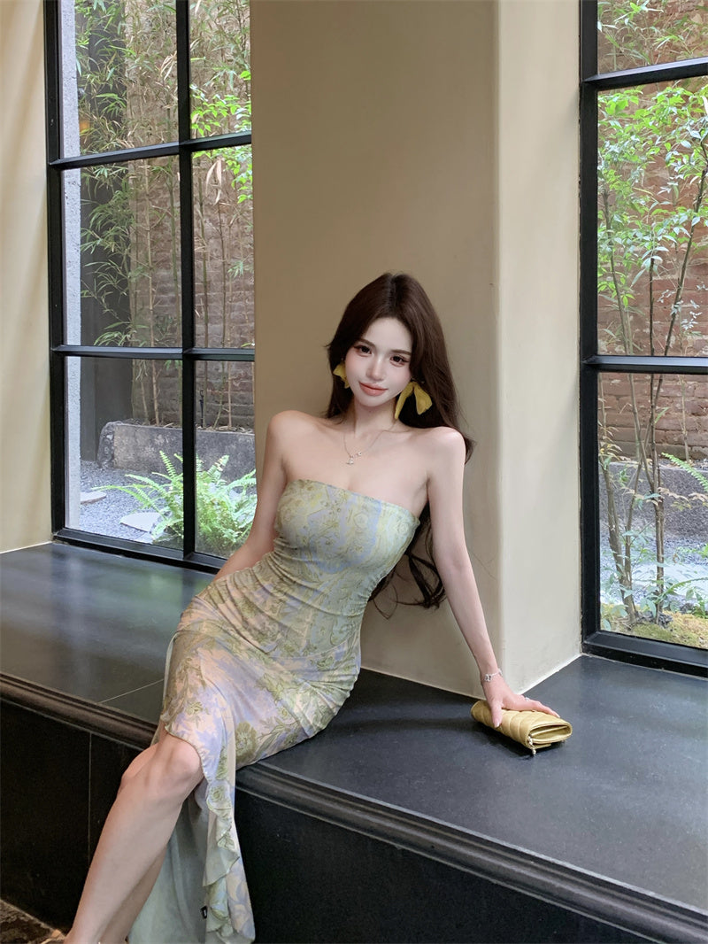 Green floral tube top dress sexy waist slim hip skirt R0626